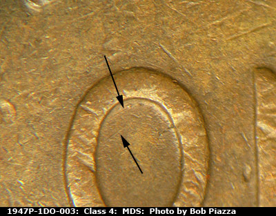 Die-stage B marker on 1947P•1DO•003 (1947 Doubled Die Obverse).