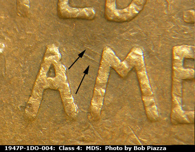 Die-stage B marker on 1947P•1DO•004 (1947 Doubled Die Obverse).
