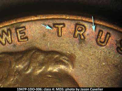 Die-stage B marker on 1947P•1DO•006 (1947 Doubled Die Obverse).