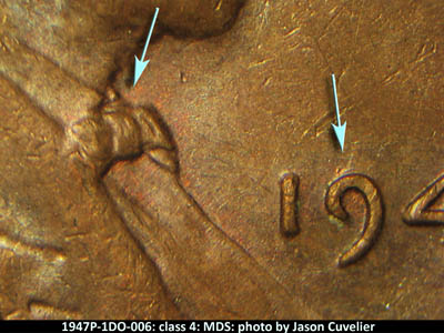 Die-stage B marker on 1947P•1DO•006 (1947 Doubled Die Obverse).