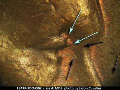 Die-stage B marker on 1947P•1DO•006 (1947 Doubled Die Obverse).