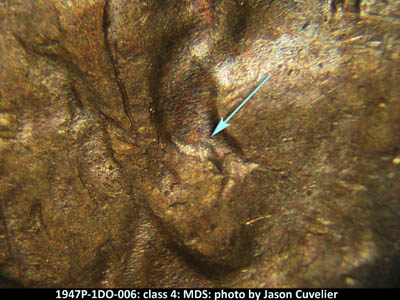 Die-stage B marker on 1947P•1DO•006 (1947 Doubled Die Obverse).