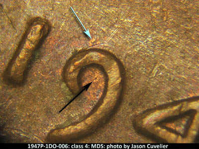 Die-stage B marker on 1947P•1DO•006 (1947 Doubled Die Obverse).
