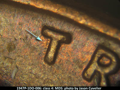 Die-stage B marker on 1947P•1DO•006 (1947 Doubled Die Obverse).