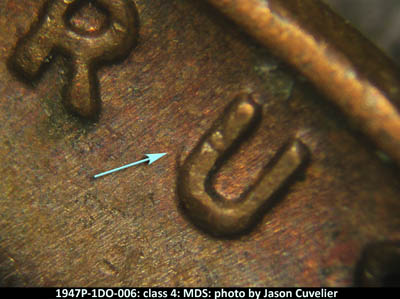 Die-stage B marker on 1947P•1DO•006 (1947 Doubled Die Obverse).