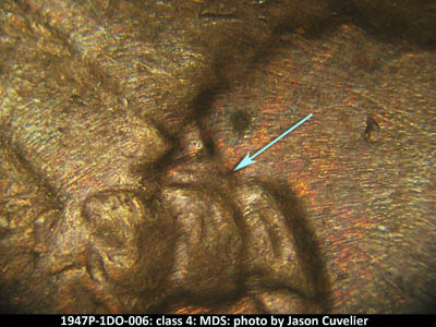 Die-stage B marker on 1947P•1DO•006 (1947 Doubled Die Obverse).