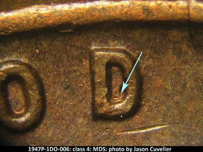 Die-stage B marker on 1947P•1DO•006 (1947 Doubled Die Obverse).