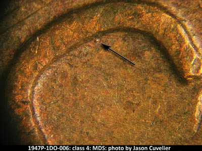 Die-stage B marker on 1947P•1DO•006 (1947 Doubled Die Obverse).