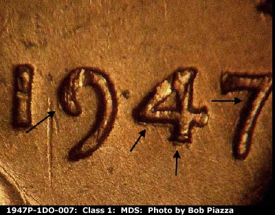 1947 Lincoln cent obverse, CopperCoins die 1947P•1DO•007.