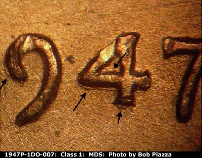 Die-stage B marker on 1947P•1DO•007 (1947 Doubled Die Obverse).