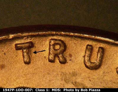 Die-stage B marker on 1947P•1DO•007 (1947 Doubled Die Obverse).