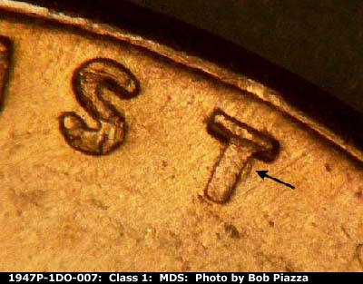 Die-stage B marker on 1947P•1DO•007 (1947 Doubled Die Obverse).