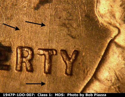 Die-stage B marker on 1947P•1DO•007 (1947 Doubled Die Obverse).