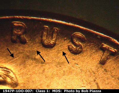 Die-stage B marker on 1947P•1DO•007 (1947 Doubled Die Obverse).