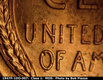 Die-stage B marker on 1947P•1DO•007 (1947 Doubled Die Obverse).