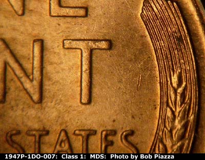 Die-stage B marker on 1947P•1DO•007 (1947 Doubled Die Obverse).