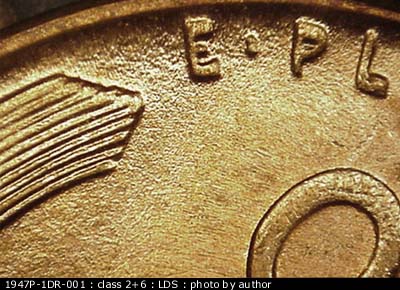 Die-stage C marker on 1947P•1DR•001 (1947 Doubled Die Reverse).