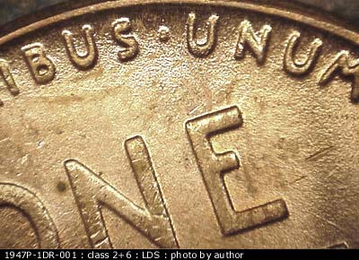 Die-stage C marker on 1947P•1DR•001 (1947 Doubled Die Reverse).