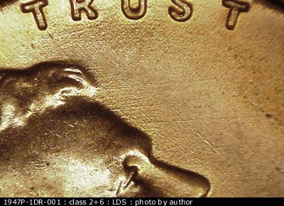 Die-stage C marker on 1947P•1DR•001 (1947 Doubled Die Reverse).
