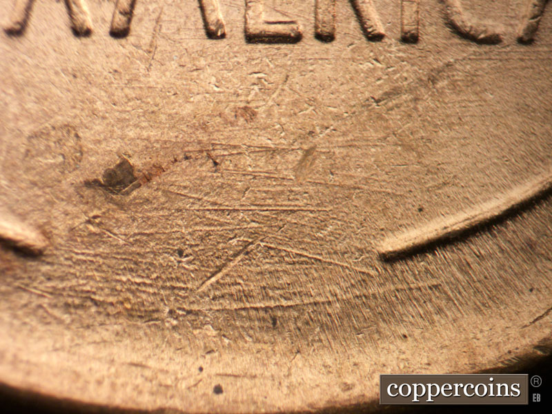 Die-stage B marker on 1947P•1DR•002 (1947 Doubled Die Reverse).