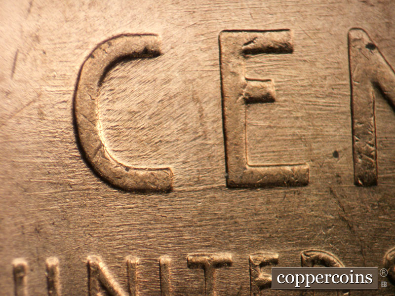 Die-stage B marker on 1947P•1DR•002 (1947 Doubled Die Reverse).