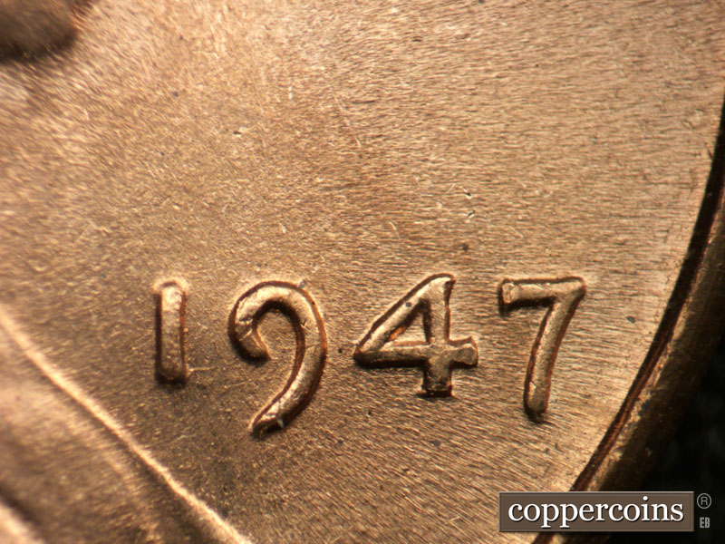 Die-stage B marker on 1947P•1DR•002 (1947 Doubled Die Reverse).