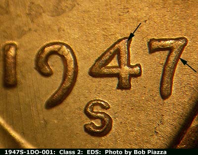 Die-stage A marker on 1947S•1DO•001 (1947 Doubled Die Obverse).