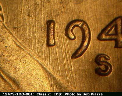 Die-stage A marker on 1947S•1DO•001 (1947 Doubled Die Obverse).