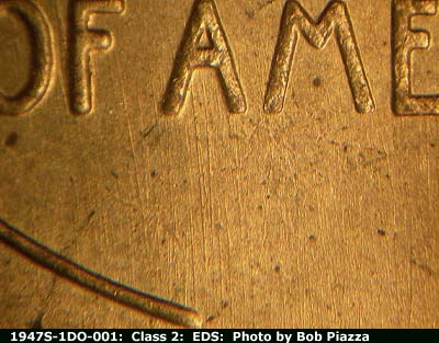 Die-stage A marker on 1947S•1DO•001 (1947 Doubled Die Obverse).