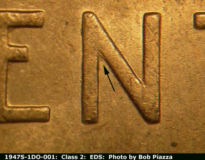 Die-stage A marker on 1947S•1DO•001 (1947 Doubled Die Obverse).