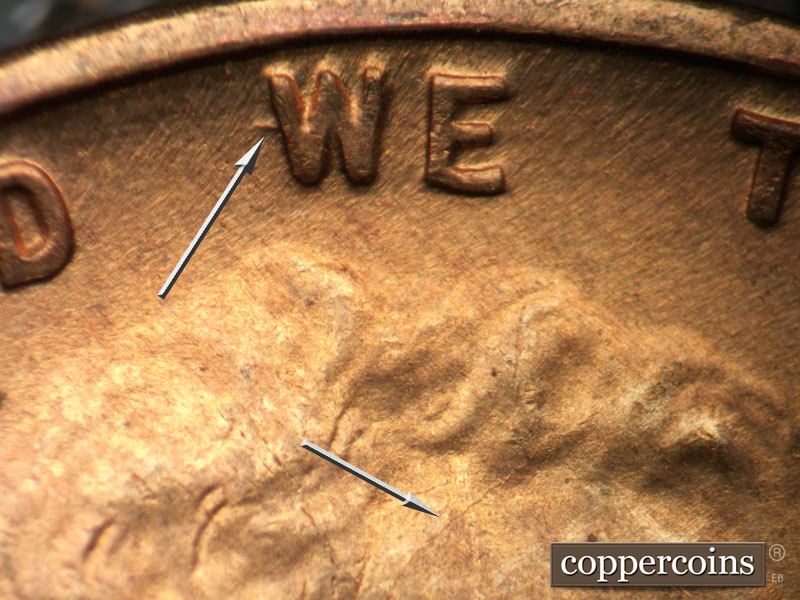 Die-stage B marker on 1947S•1DO•002 (1947 Doubled Die Obverse).