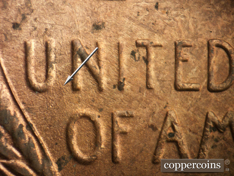 Die-stage B marker on 1947S•1DO•002 (1947 Doubled Die Obverse).
