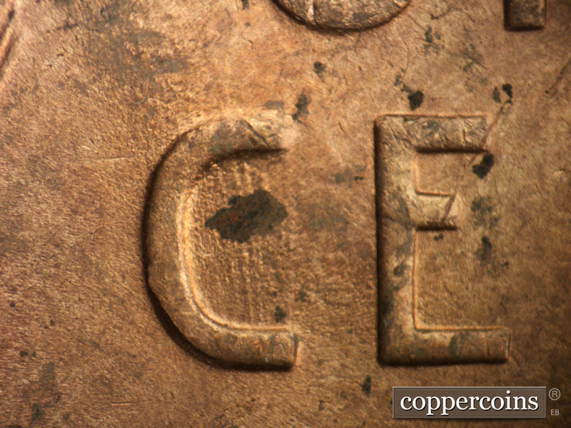 Die-stage B marker on 1947S•1DO•002 (1947 Doubled Die Obverse).