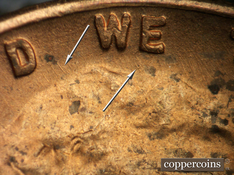 Die-stage B marker on 1947S•1DO•005 (1947 Doubled Die Obverse).