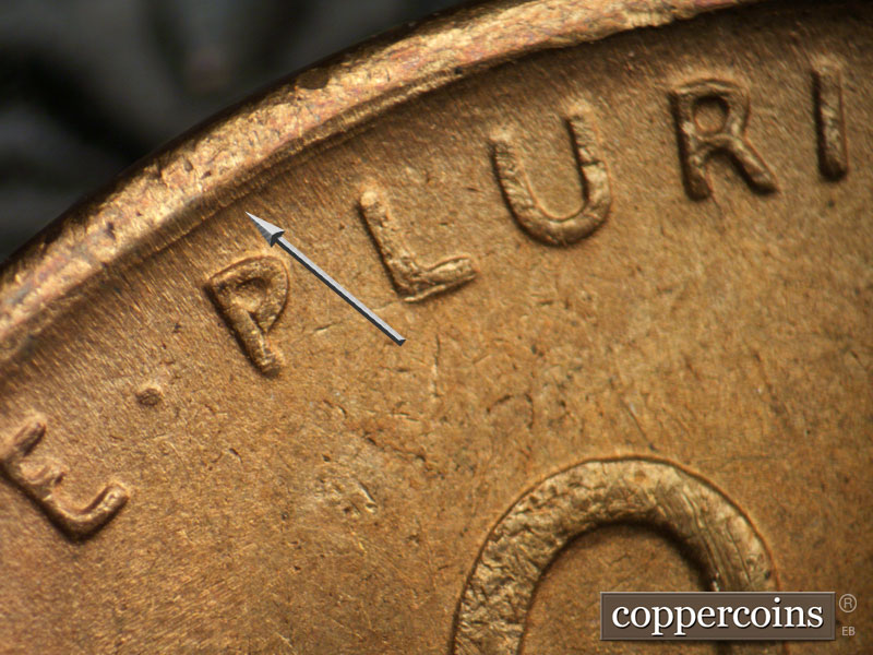 Die-stage B marker on 1947S•1DO•005 (1947 Doubled Die Obverse).