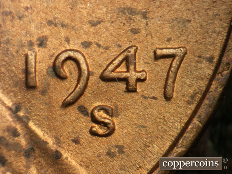 Die-stage B marker on 1947S•1DO•005 (1947 Doubled Die Obverse).
