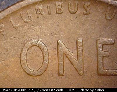 Die-stage B marker on 1947S•1MM•001 (1947 Repunched Mint Mark).