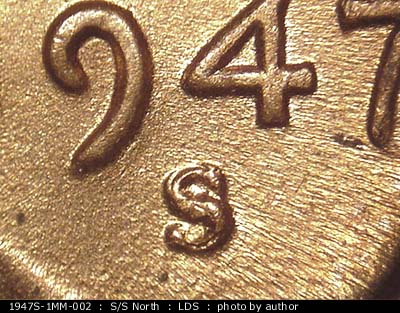 1947 Lincoln cent obverse, CopperCoins die 1947S•1MM•002.