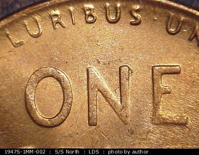 Die-stage B marker on 1947S•1MM•002 (1947 Repunched Mint Mark).