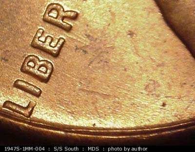 Die-stage B marker on 1947S•1MM•004 (1947 Repunched Mint Mark).