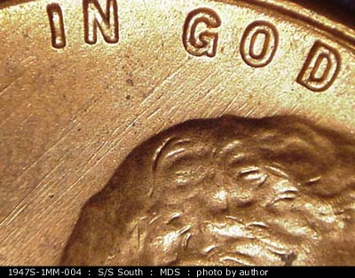 Die-stage B marker on 1947S•1MM•004 (1947 Repunched Mint Mark).