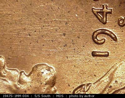 Die-stage B marker on 1947S•1MM•004 (1947 Repunched Mint Mark).