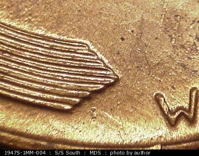 Die-stage B marker on 1947S•1MM•004 (1947 Repunched Mint Mark).