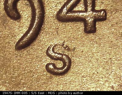 1947 Lincoln cent obverse, CopperCoins die 1947S•1MM•005.