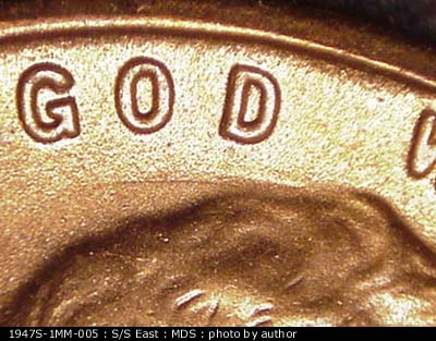 Die-stage B marker on 1947S•1MM•005 (1947 Repunched Mint Mark).