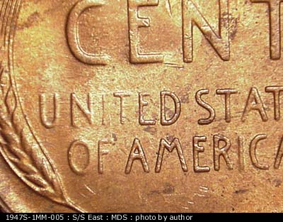 Die-stage B marker on 1947S•1MM•005 (1947 Repunched Mint Mark).