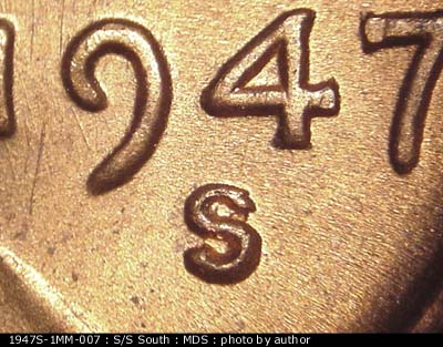 1947 Lincoln cent obverse, CopperCoins die 1947S•1MM•007.