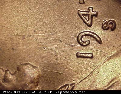 Die-stage B marker on 1947S•1MM•007 (1947 Repunched Mint Mark).