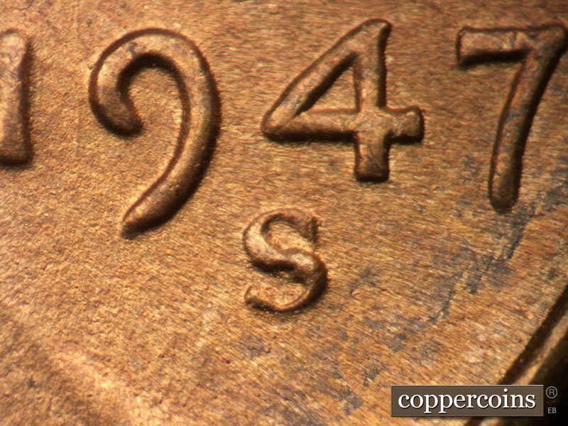 1947 Lincoln cent obverse, CopperCoins die 1947S•1MM•010.