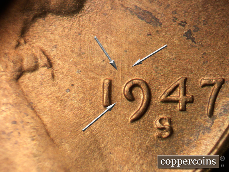 Die-stage B marker on 1947S•1MM•010 (1947 Repunched Mint Mark).